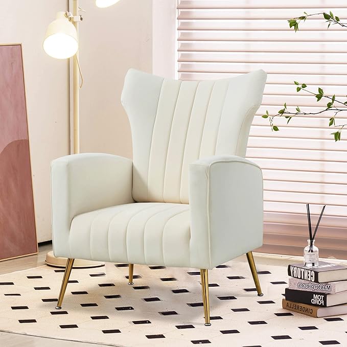 Generic Modern Velvet Accent Chair with Arms Wingback Reading Chair with Gold Metal Legs Comfy Upholstered Single Leisure Sofa for Living Room Bedroom ClubVelvetWhite
