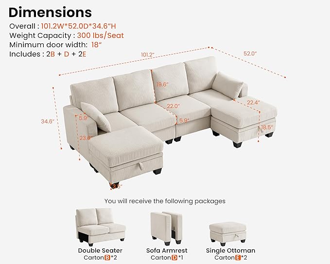 CHIC HOUSE Corduroy Modular Sectional Couch with Ottoman Chaise L/U Shaped Sleeper Sofa for Living Room Apartment Lounge Modern Armrest Neck Support Furniture (6 Seater Sectional Beige)
