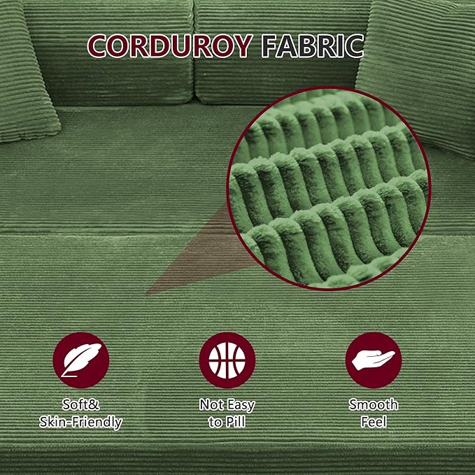 JJJ 63 inch Sofa Bed 4-in-1 Boneless Convertible Corduroy Sleeper Folding Couch with Fixed-Shape Frame and 2 Futons No Assemble Required 3 Seater Upholstered for Living Room (Olive Green 63 inch)