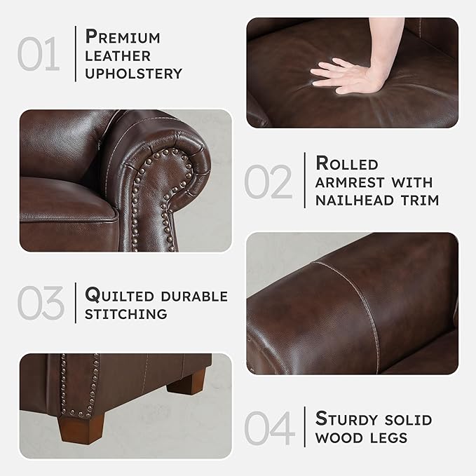 Lexicon Push Back Reclining Chair Top Grain Leather Match Push Back Recliner Chair with Nailhead Trim Rolled Arms Solid Wood Legs for Living Room/Apartment/Office Easy Assembly Brown