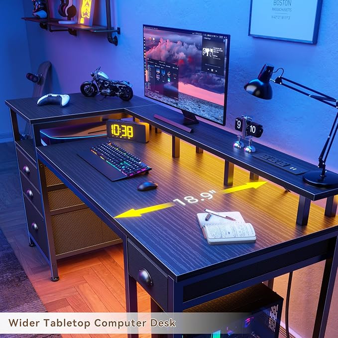 Furologee 60 Black Computer Desk with 4 Drawers and Printer Space Gaming Desk with LED Lights and USB Power Outlets Home Office Desk with Fabric File CabinetStudy Work Table with Shelf for Bedroom