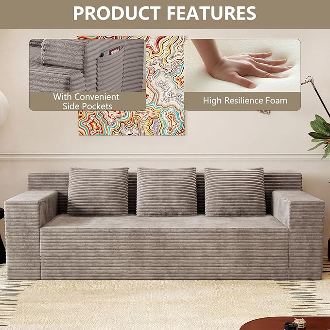 71 Love Seat Couches Corduroy Boneless Loveseat with Deep Seats 2 Seat Couch Apartment Size Couch with 3 Pillows&ampSide Pockets for Bedroom Office No Assembly Required Camel