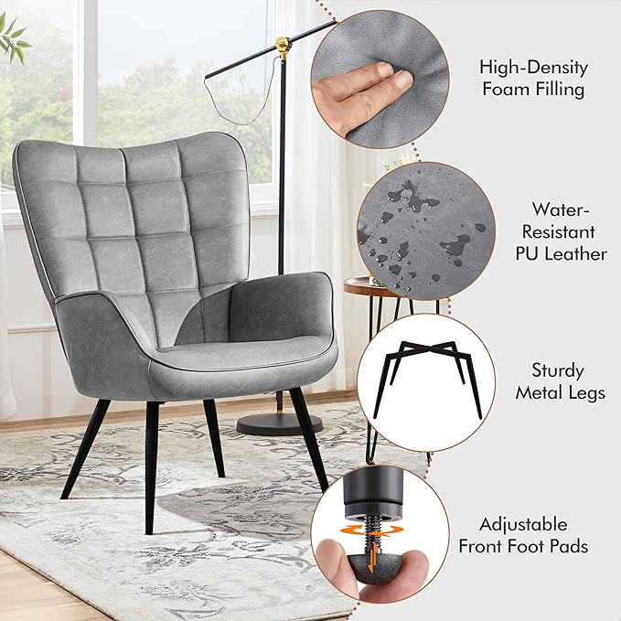Yaheetech Accent Chairs Large PU Leather High-Back Chair w/Metal Legs Pottery Barn Style Living Room Chairs for Bedroom/Home Office Gray