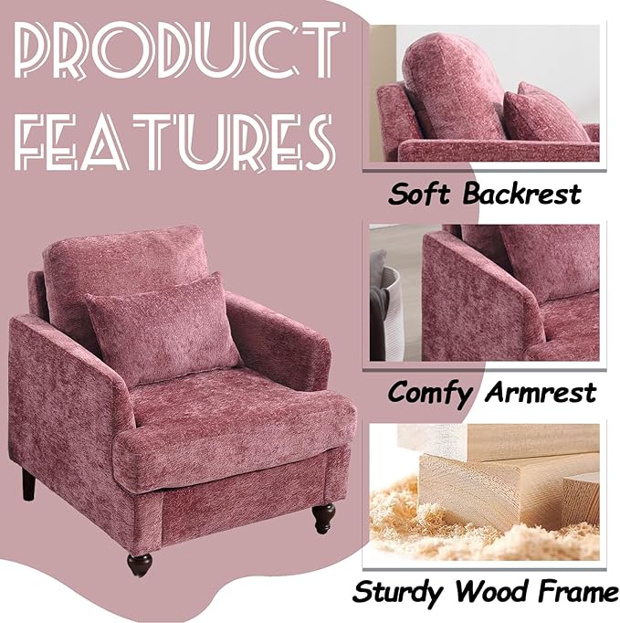Oversized Accent Chair with Lumbar Pillow Upholstered Side Chairs for Living Room Bedroom Comfy Reading Chairs for Adults with Wide Seat Thick Cushion Soft Chenille (Wine Red)