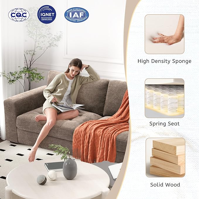 Modern Sofa 3-Seats Couches for Living Room Chenille Loveseat with USB/Type-C Port Side Pocket Recliner Small Sofa Comfy Couch Easy to Install (89 inch Brown)