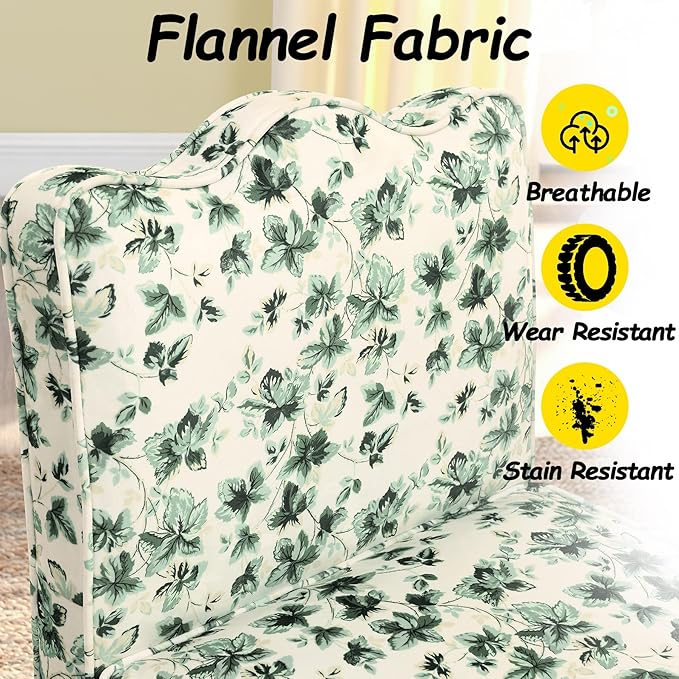 Floral Accent Chair Comfy with Pillow Armless Accent Chair for Bedroom Slipper Chair with Soft Seat Cushion and Backrest Side Chairs for Living Room Flannel Fabric Wave-Shaped (Green)