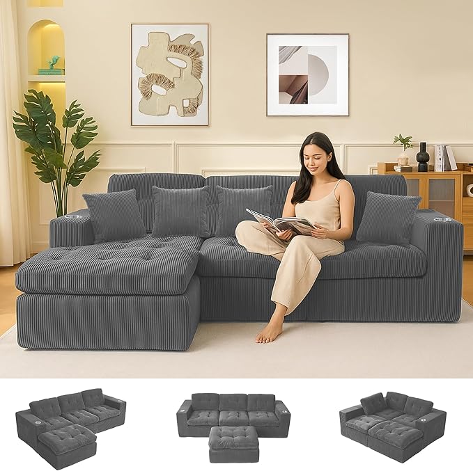 108 Modular Sectional Sofa Cloud Sectional Couch L-Shape Sofa Couch with Deep Seat Upholstered Boneless Couches for Living Room Bedroom No Assembly Required Grey