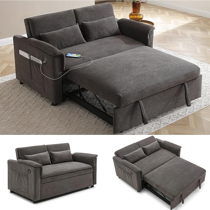 55.5 Small Sleeper Sofa Couch with Pullout Bed 3-in-1 Convertible Sleeper Sofa Bed wih Adjustable Backrest with USB Ports Modern Velvet Twin Pull Out Couch for Living Room (Grey)