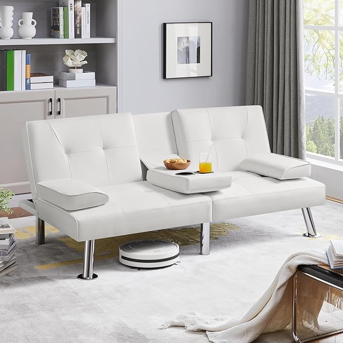 Yaheetech Convertible Sofa Bed Adjustable Couch Sleeper Modern Faux Leather Home Recliner Reversible Loveseat Folding Daybed Guest Bed Removable Armrests Cup Holders 3 Angles 772lb Capacity White
