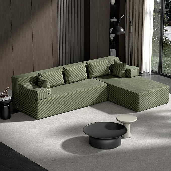 106 Cloud Sectional Couch with L-Shaped Chaise Modular Sectional Sofa with Deep Seat and Removable Armrests Comfy Corduroy Boneless Couches for Living Room No Assembly Required Green