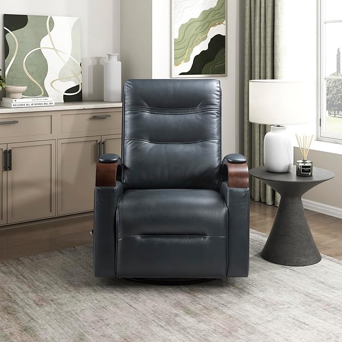 Lexicon 360 Degree Swivel Glider Reclining Chair Breathable Faux Leather Manual Recliner Comfy Nursery Glider Recliner Swivel Reclining Chair for Living Room/Office/Bedroom/Apartment Dark Blue