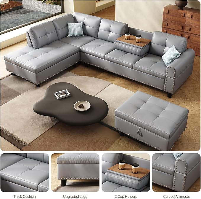 97.5 Oversized Sectional Couch L Shaped Couchwith Storage Ottoman Modern Modular Sofa withDeep Seat Sectional Couches for Living Room andOffice Faux Leather Sofa (Gray 97.5 inch &amp Ottoman)