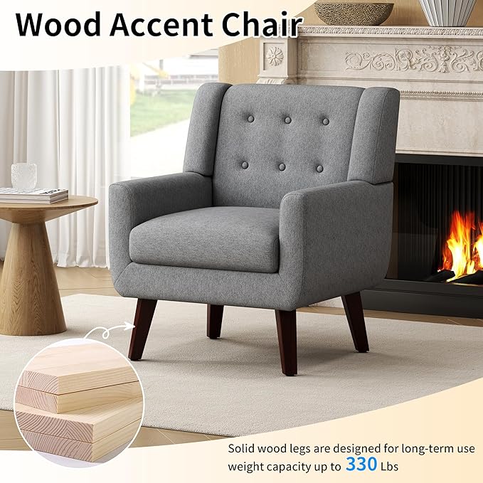 Accent Chairs Mid-Century Modern Upholstered Living Room Armchair Comfy Oversized Linen Fabric Single Reading Arm Chair with Tufted Back and Wood Legs for Bedroom Club (1 Grey)