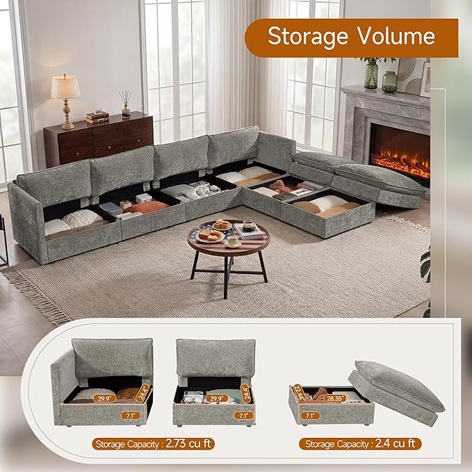 Modular Sofa with Storage 135 U Shape Sectional Cloud Couch Comfy Fabric Couch with Movable Ottoman 6 Seat Modern Deep Seat Sofa for Living Room (Grey Chenille)