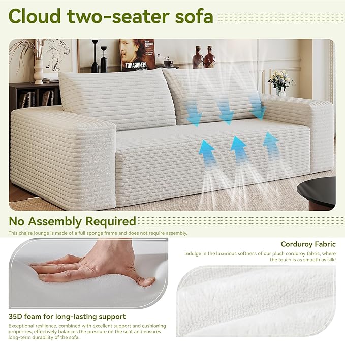 Boneless Cloud Loveseat Couch No Assembly Required Sofa in a Box 63/71 2 Seater Corduroy Compression Couch for Living Room Bedroom Apartment (White 63) | Comfortable