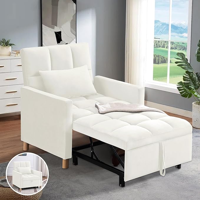 70'' Convertible Chair Bed Extra Long Teddy Fabric Single Pull Out Sofa Bed 4 in 1 Adult Sleeping Chair Recliner Chair with Pillow Adjustable Backrest Beige