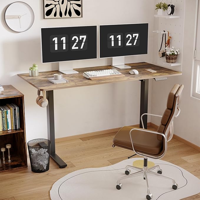 FLEXISPOT One-Piece Electric Standing Desk 55 x 28 Inches Adjustable Desk with Seamless Desktop Memory Controller Height Adjustment (Black Frame + Rustic Brown Desktop 2 Packages)