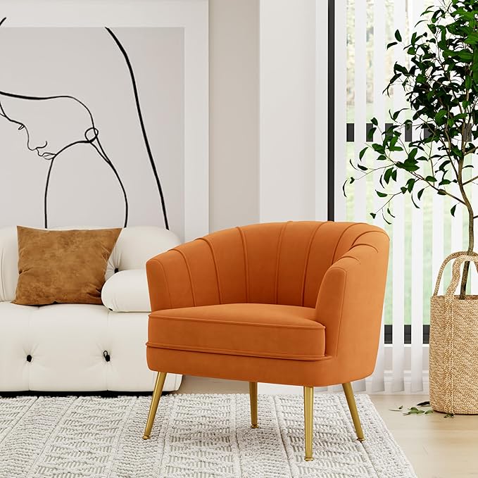 Velvet Accent Chairs for Living Room Bedroom Office Leisure Upholstered Single Sofa Chair Arm Chair Comfy Chair Reading Club Coffee Chair with Metal Legs Orange