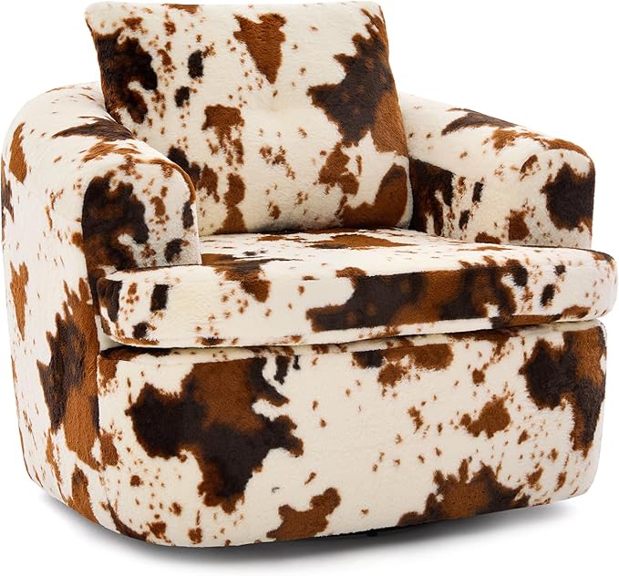 360° Swivel Barrel Accent Chair 36.6 Swivel Round Sofa Chair with Dual-Layer Cushion Design Modern Upholstered Single Sofa for Living Room Bedroom Office and Hotel (Beige&ampBrown 121)
