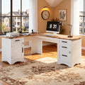L Shaped Farmhouse Executive Desk with Drawers 67 Home Office Desks with Fast Charging Station Lockable File Cabinet Wood Writing Computer Desk for Work Study White