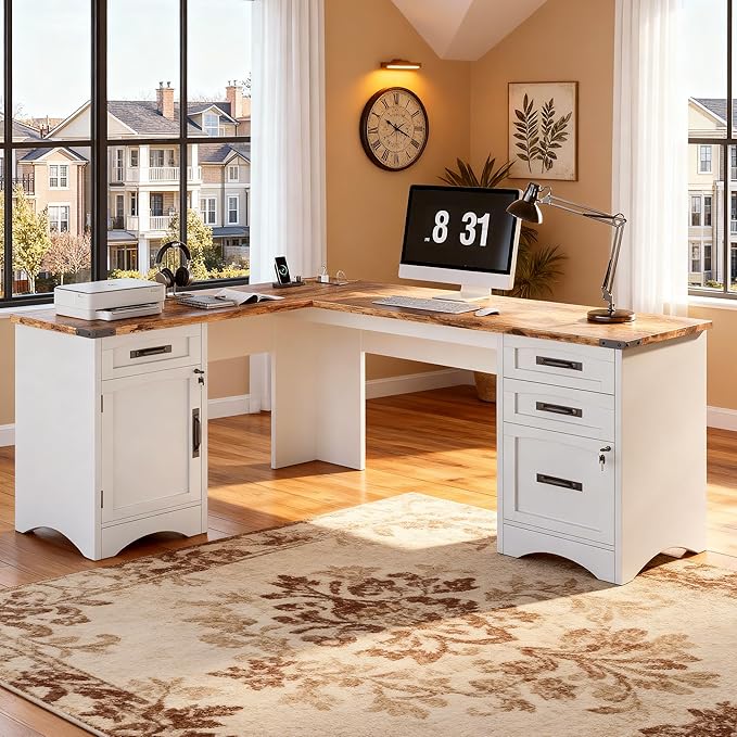 L Shaped Farmhouse Executive Desk with Drawers 67 Home Office Desks with Fast Charging Station Lockable File Cabinet Wood Writing Computer Desk for Work Study White