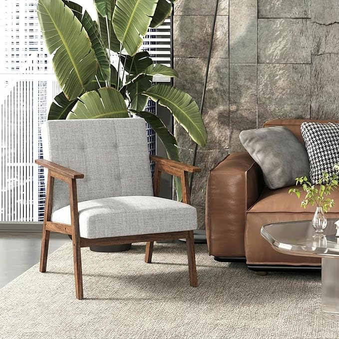 TARSHYRY Mid Modern Accent Chair Linen Upholstered Armchair with Rubber Wood Frame and Soft Cushion Comfortable Lounge Chair for Living Room Bedroom Balcony (Light Grey)