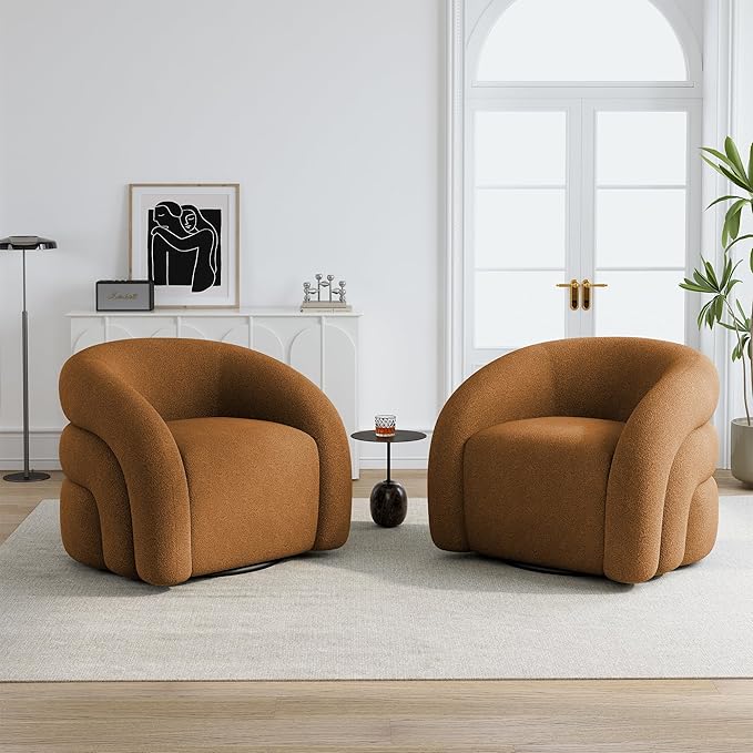 Boucle Swivel Accent Chair No Assembly Small Comfy Round Barrel Armchair for Living Room Bedroom Reading Waiting Room (Orange Set of 1)