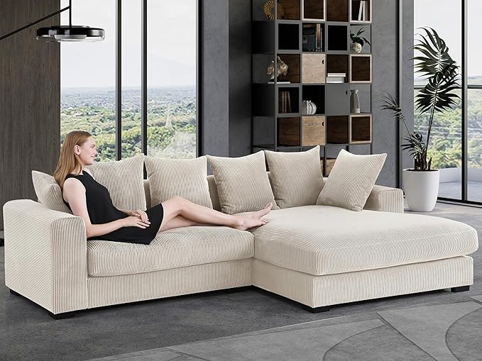 WILLIAMSPACE 109.75 Corduroy Sectional Sofa Couch for Living Room Modern Upholstered L-Shaped Sofa with Right-Facing Chaise Lounge Contemporary 4-Seat Couch with 6 Pillows (Beige)