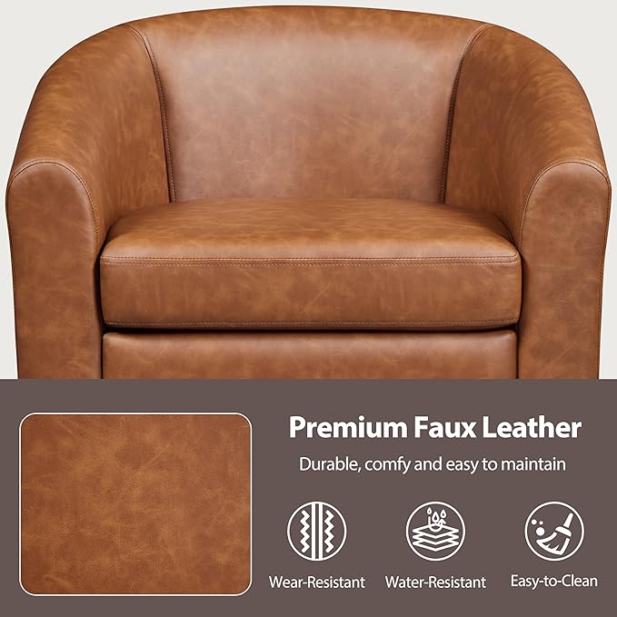 Topeakmart Leather Accent Chair PU Leather Modern Barrel Chair Club Armchair with Soft Padded for Living Room Bedroom Brown Set of 2