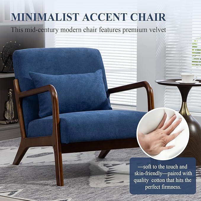 Minimalist Accent Chair Velvet Upholstered Mid-Century Modern Chair with Pillow Lounge Arm Chair with High Backrest Comfy Reading Chair for Living Room Balcony (Blue)
