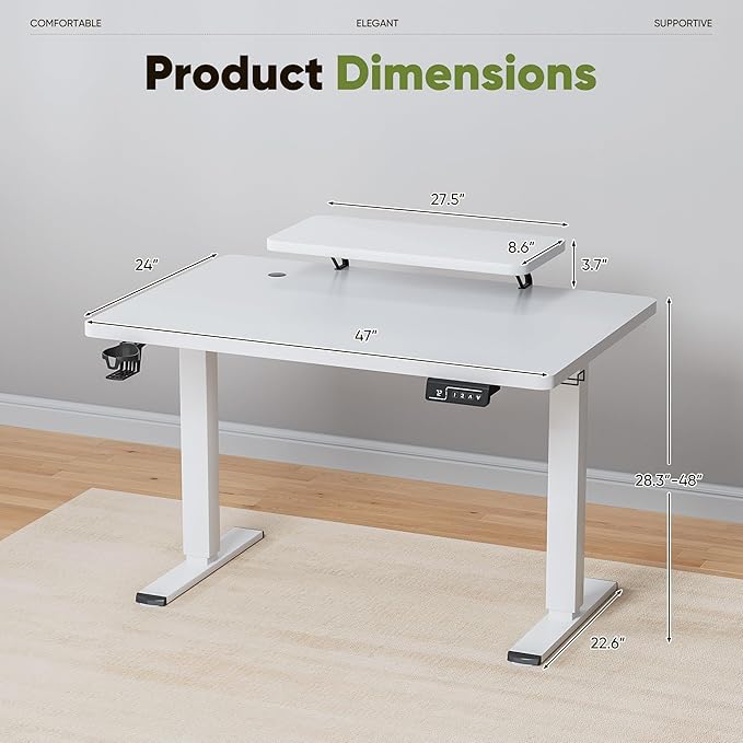 Shahoo Electric Standing Desk with Monitor Shelf 47 x 24 Inches Height Adjustable Corner Table Computer Workstation with Cup Holder and Hook for Home Office White 47x24 Inch