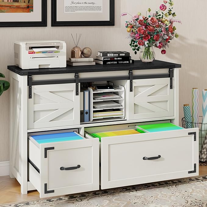 Vabches Farmhouse Filing Cabinet with 2 Drawer for Home OfficeFiling Organization Storage Cabinets for Hanging Files Letter/Legal/F4/A4Lateral File Cabinets 2 Drawer with Sliding Barn Doors.Black