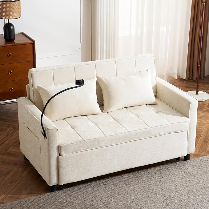 Anwick Modern 56.9 Convertible Sleeper Sofa Bed 3 in 1 Comfy Velvet Loveseat Sleeper Chair BedAdjustable BackrestTwo USB Ports and Phone HolderPull Out CouchLoveseatSectional Sofa Bed (Beige)