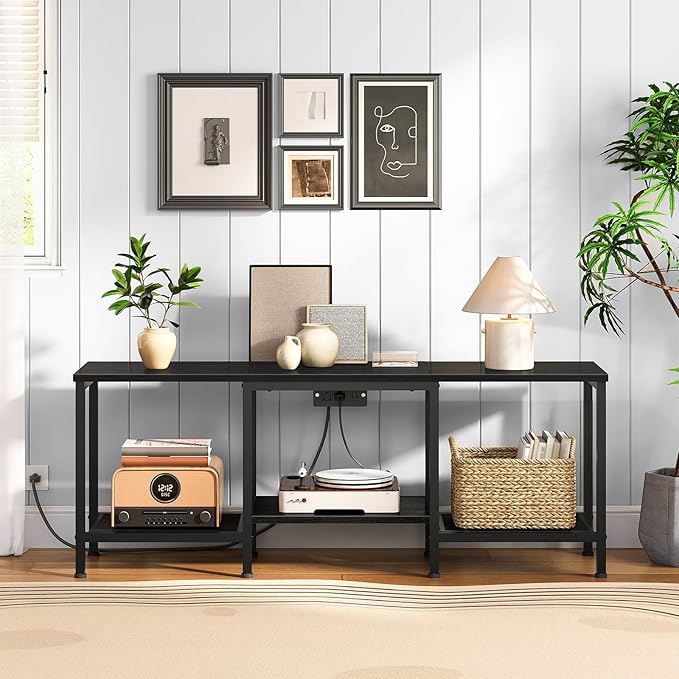 HOOBRO TV Stand with Charging Station to 55 Inches LED Entertainment Center Media TV Console Table with Open Storage Shelving for Living Room Bedroom Black BB122UDDS01
