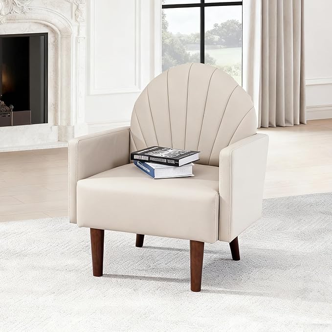 PU Accent Chairs for Living Room with High-Density Foam Cushion Mid-Century Single Sofa Armchair with Solid Wood Legs Upholstered Reading Chair for Bedroom Home Office (Shell Khaki 4 Set)
