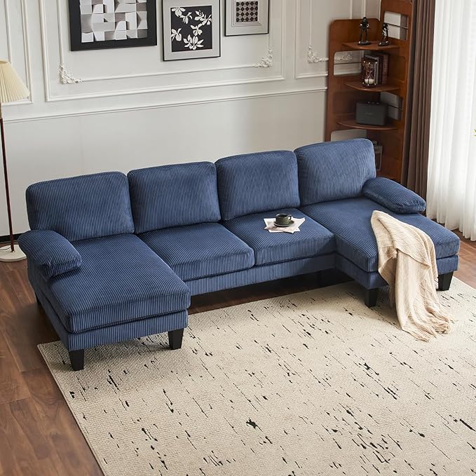 VINGLI 110 Sectional Couches for Living RoomU Shaped Couch with Double Chaise 4-Seat Sofa Set with Corduroy Fabric for Home FurnitureOcean Blue