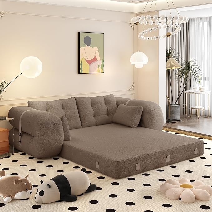 78.7 Convertible Sofa Bed 3-in-1 Folding Floor Couch with 4 Pillows Sleeper Sofa for Living Room and Guest Bed No Assembly Required (Brown Teddy Fabric)