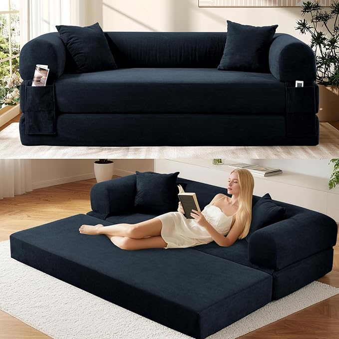 Convertible Futon Sofa Bed80 Folding Pull Out Couch Bed with StorageQueen Sleeper Sofa BedCompressed Couch in a BoxCorduroy Boneless Couches for Living RoomDeep Blue