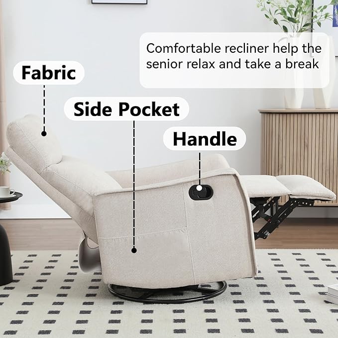 Heated Massage Recliner Chairs for Adults Swivel Rocking Chair Recliner with High Back Small Recliner Chair for Small Spaces Manual Lazy Boy Recliners for Living Room Pockets Fabric (Beige)