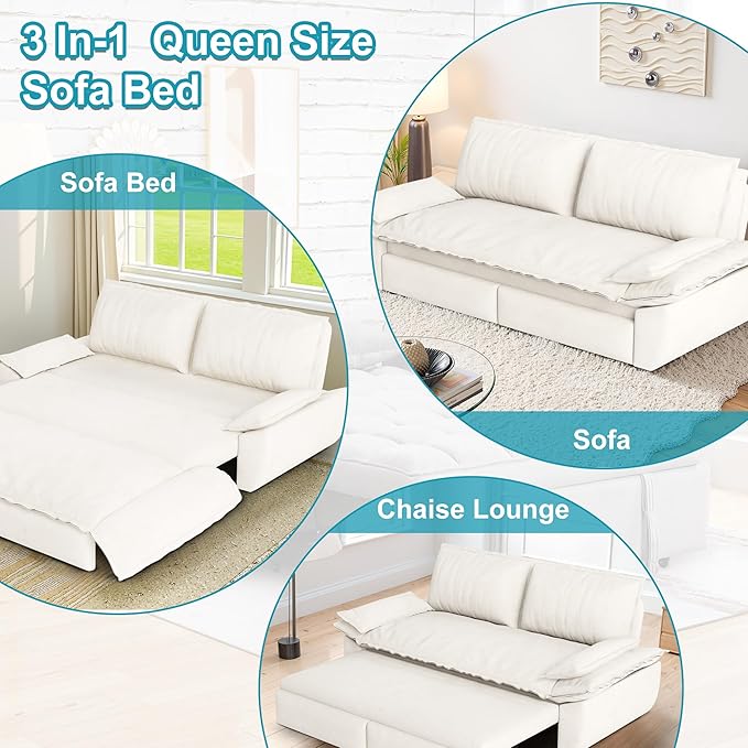 73.2 Inch Queen Size Sleeper Sofa Bed 3 in 1 Convertible Pull Out Couch Velvet Loveseat Sofa Couch Bed with Pillow for Apartment Bedroom Living Room Beige