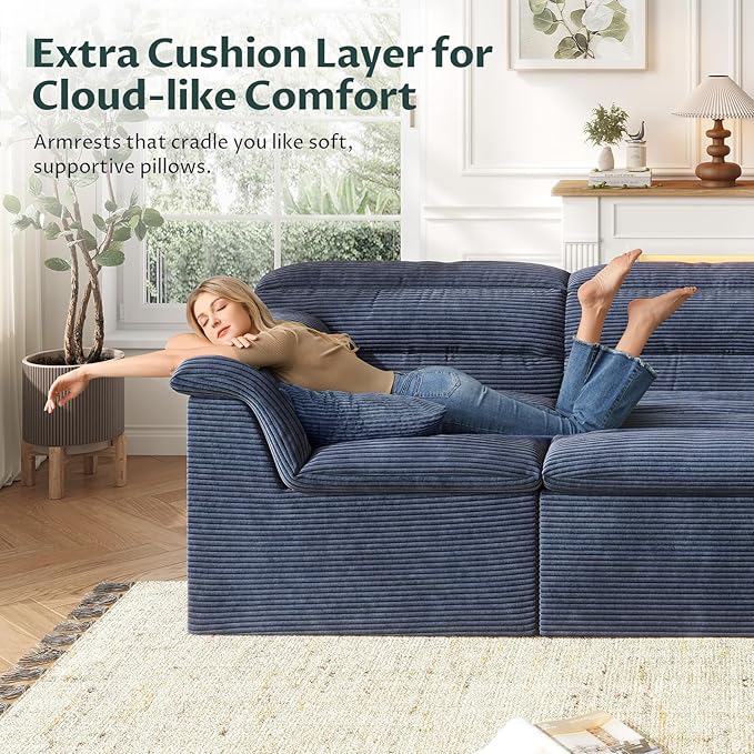 112 Boneless Sectional Couches for Living Room Modular Cloud Sectional Sofa with Ottoman Deep Seat Compressed Couch Bed Modern Upholstered L-Shape Corduroy Sofa No Assembly Required Blue