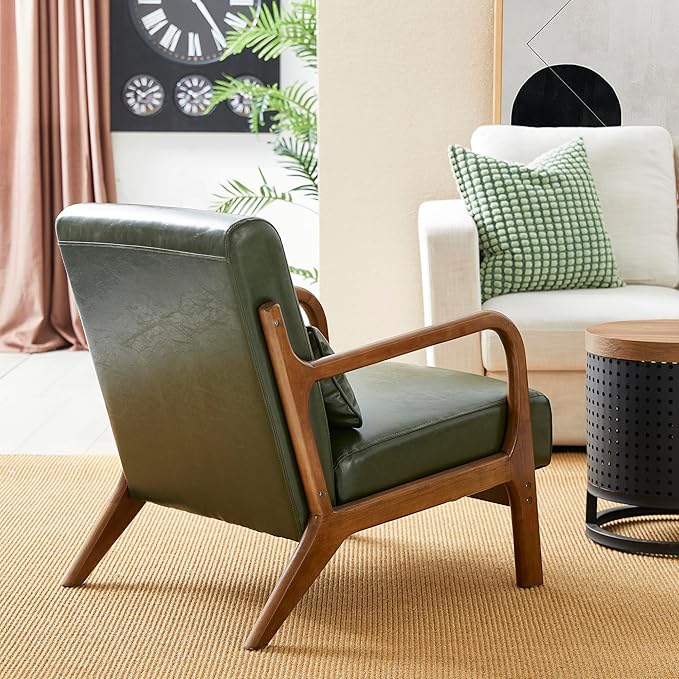 Glitzhome Mid Century Hunter Green Accent Armchair Single Reading Armchair PU Leather Lounge Chair with Walnut Ruberwood Frame