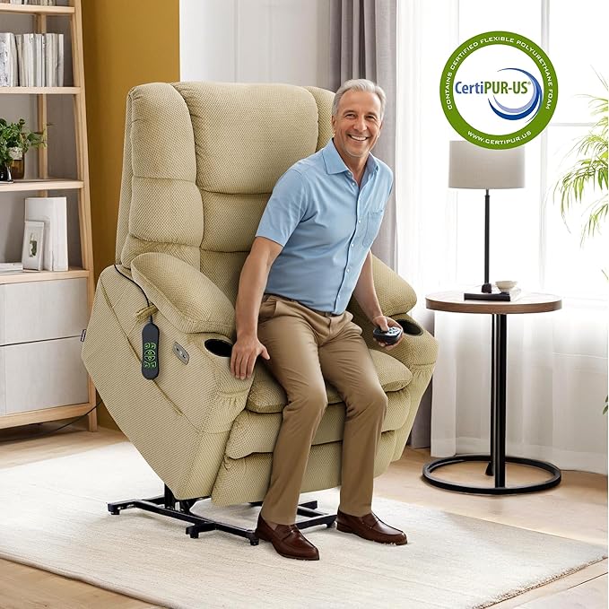 MCombo Oversized Triple Motor Power Lift Recliner Chair with Massage and Dual Heating Adjustable Headrest for Big and Tall Elderly People Fabric R7635 (Beige Large-Oversize)