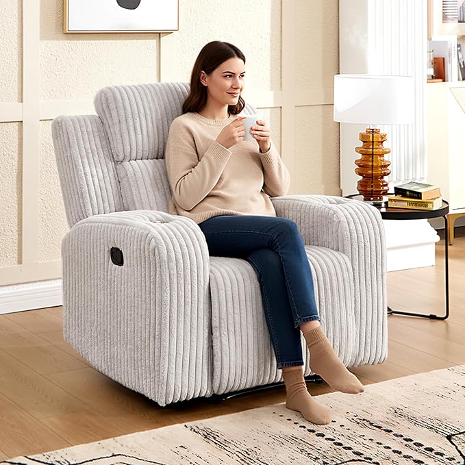 Corduroy Manual Recliner Sofa Set Living Room Furniture Set Reclining Sofa and Loveseat Set Console Cup HoldersGrey(Chair)