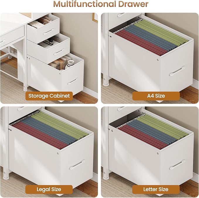 SEDETA Computer Desk with 5 Drawers and Bookshelf Reversible Home Office Desk with Storage Shelves and File Drawer Gaming Desk with LED Lights for Small Spaces White