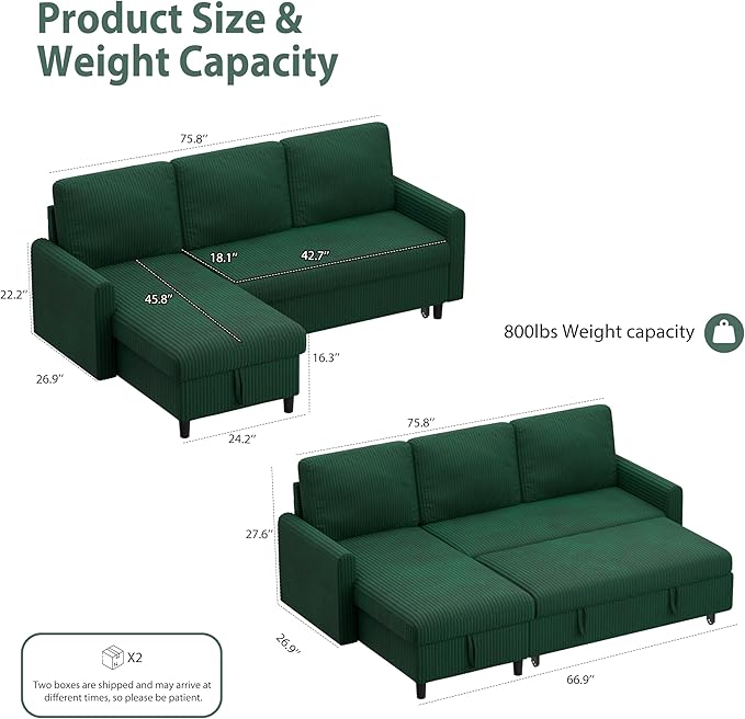 Sofa Bed Sleeper Pull Out 2 in 1 Sectional Sleeper Sofa Couches with Storage Pullout Sectional Couches for Apartment Living RoomGreen