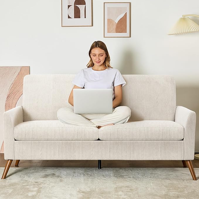68 Loveseat Sofa Comfy White Corduroy Couches for Living Room Mid Century Modern Love Seat Sofa Tool-Free Setup Small Couches for Bedroom Office