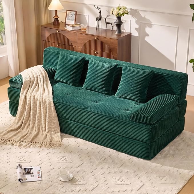 78.7IN Folding Sofa Bed - Convertible Sleeper Sofa Couch with Removable Pillows 3 Seater Couches Bed for Living Room Bedroom Apartment No Assembly Required Freestanding Corduroy Green