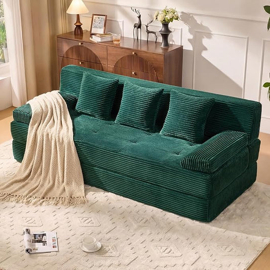 78.7IN Folding Sofa Bed - Convertible Sleeper Sofa Couch with Removable Pillows 3 Seater Couches Bed for Living Room Bedroom Apartment No Assembly Required Freestanding Corduroy Green