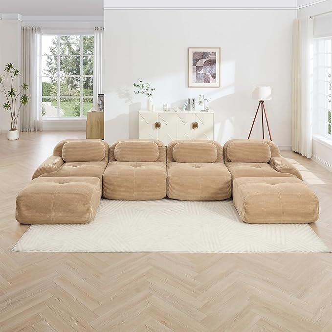153 Boneless Couch28 Feep Seat Pet-Friendly Corduroy Oversize Sectional Sofa with 2 Movable Ottomans 4 Seater Modular Cloud Couch for Living Rooms Apartments Leisure RoomsCamel